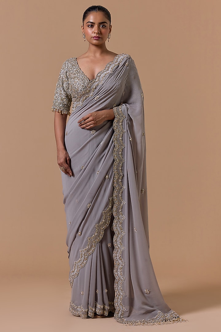 Grey Georgette Sequins Embroidered Bridal Saree Set by NITIKA GUJRAL at Pernia's Pop Up Shop