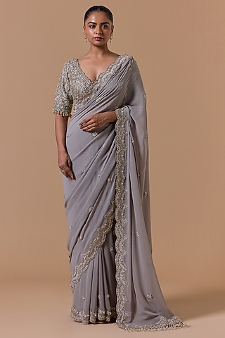 Grey Georgette Sequins Embroidered Saree Set by NITIKA GUJRAL