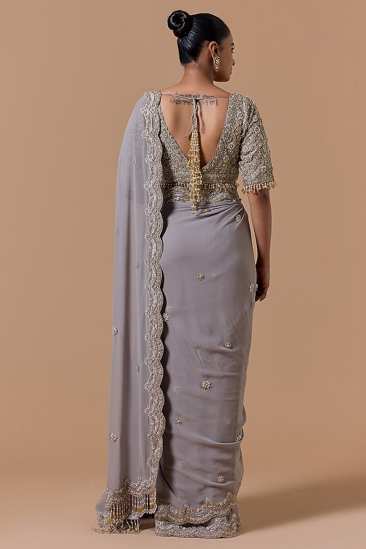 Grey Georgette Sequins Embroidered Bridal Saree Set by NITIKA GUJRAL at Pernia's Pop Up Shop