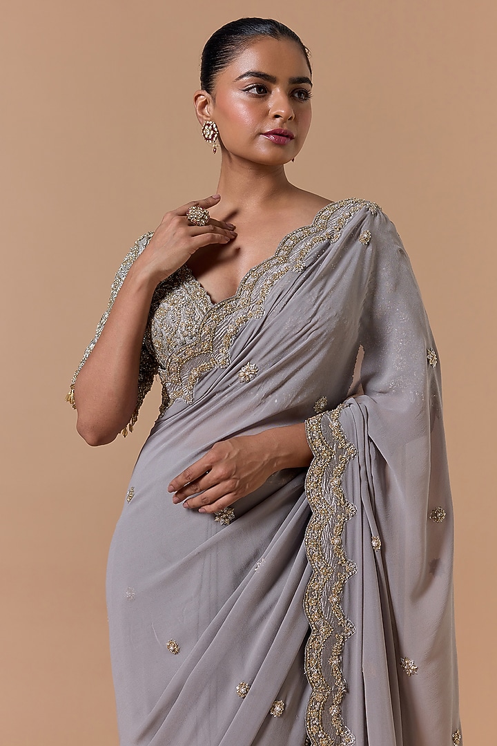 Grey Georgette Sequins Embroidered Bridal Saree Set by NITIKA GUJRAL at Pernia's Pop Up Shop