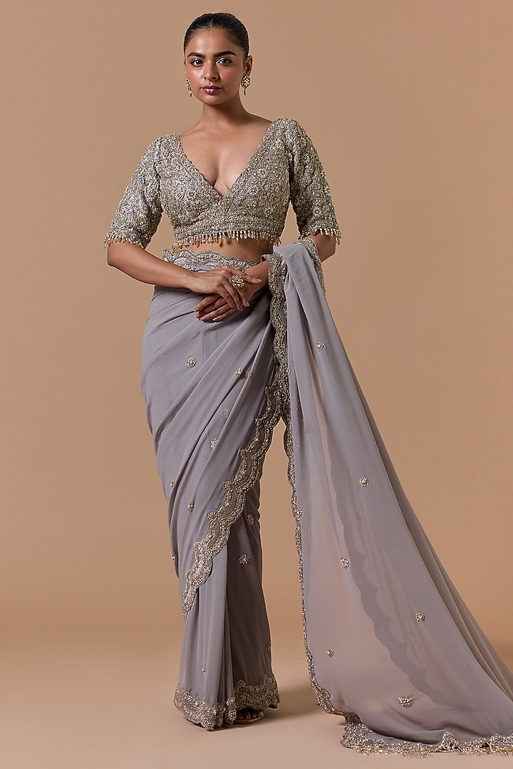Grey Georgette Sequins Embroidered Bridal Saree Set by NITIKA GUJRAL at Pernia's Pop Up Shop