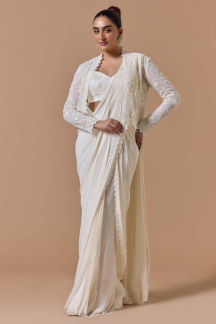 Ivory Satin Pre-Draped Jacket Wedding Saree Set by NITIKA GUJRAL at Pernia's Pop Up Shop