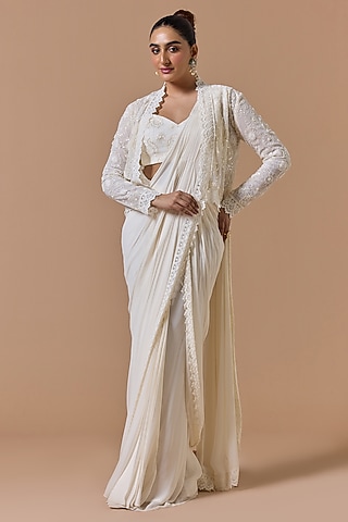 Ivory Satin Pre-Draped Jacket Saree Set by NITIKA GUJRAL
