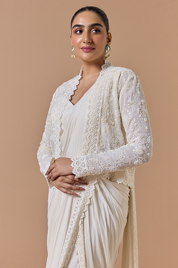 Ivory Satin Pre-Draped Jacket Wedding Saree Set by NITIKA GUJRAL at Pernia's Pop Up Shop