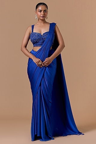 Royal Blue Crushed Satin Pre-Draped Saree Set by NITIKA GUJRAL