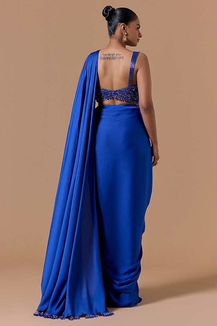 Royal Blue Crushed Satin Pre-Draped Wedding Saree Set by NITIKA GUJRAL at Pernia's Pop Up Shop