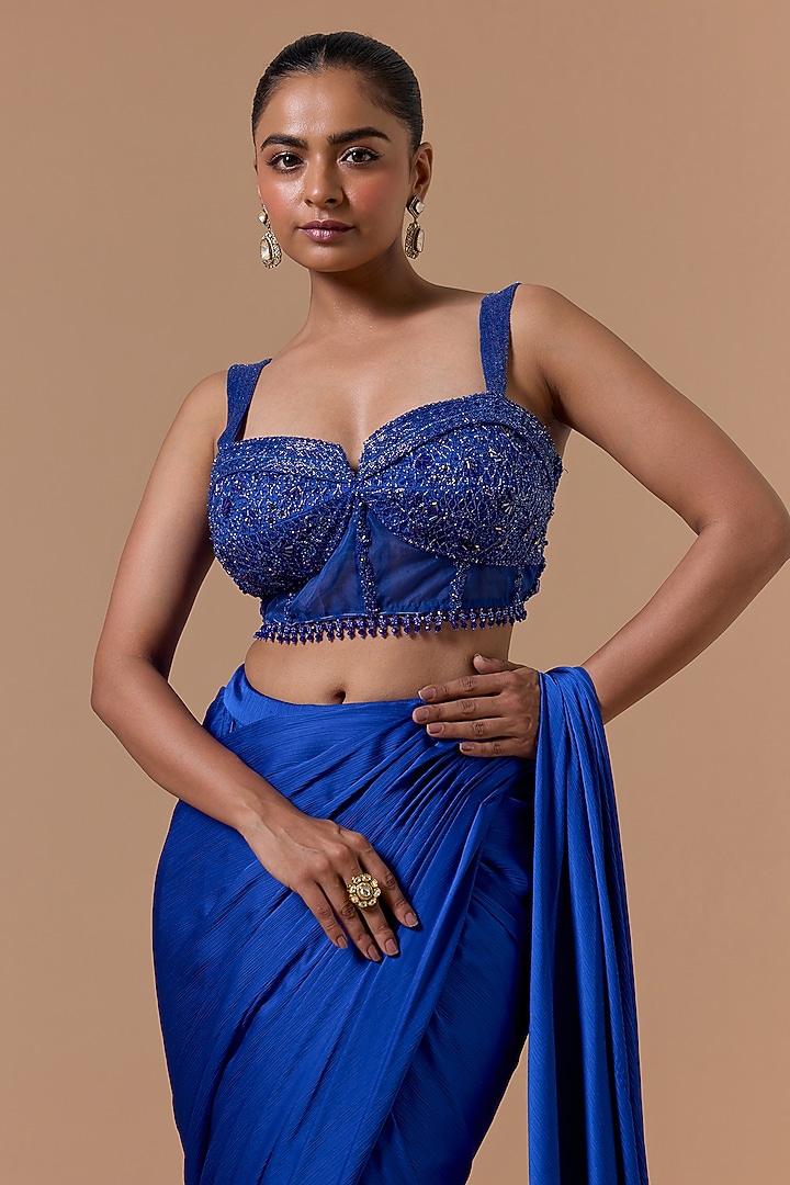 Royal Blue Crushed Satin Pre-Draped Wedding Saree Set by NITIKA GUJRAL at Pernia's Pop Up Shop
