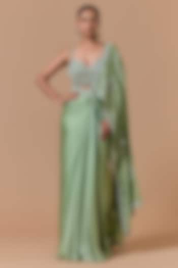 Jade Green Satin Pre-Draped Reception Saree Set by NITIKA GUJRAL at Pernia's Pop Up Shop