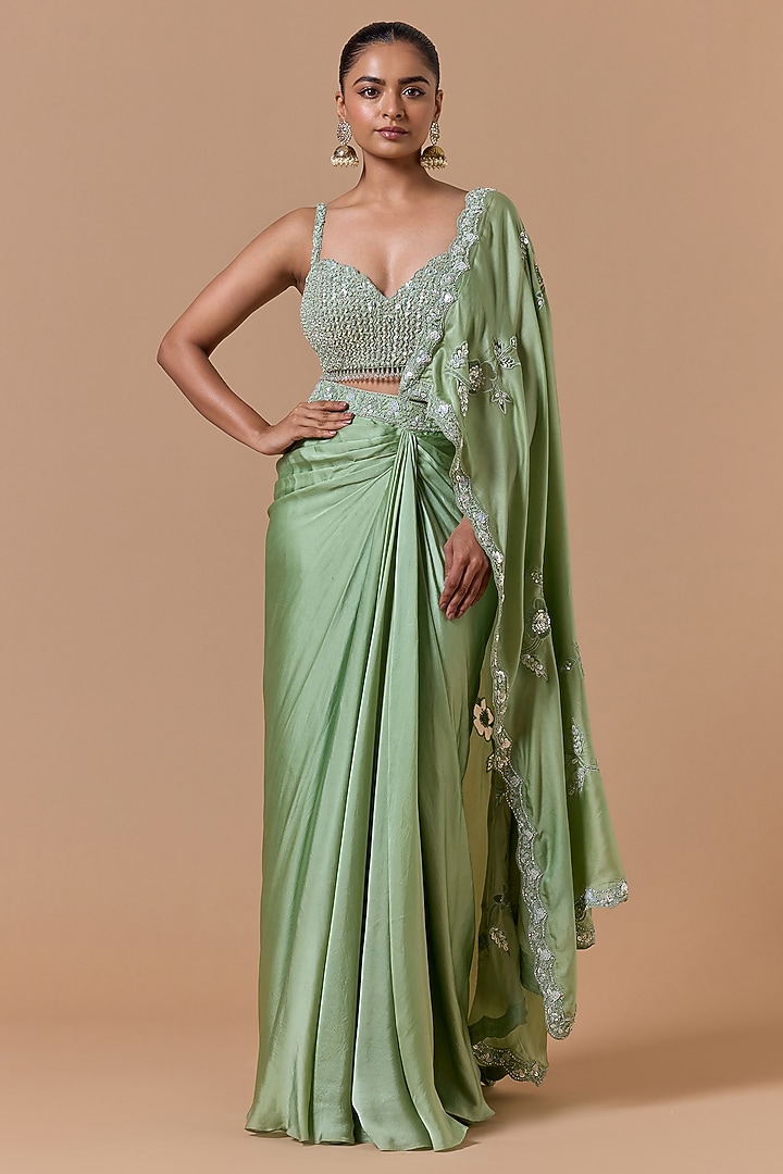 Jade Green Satin Pre-Draped Reception Saree Set by NITIKA GUJRAL at Pernia's Pop Up Shop