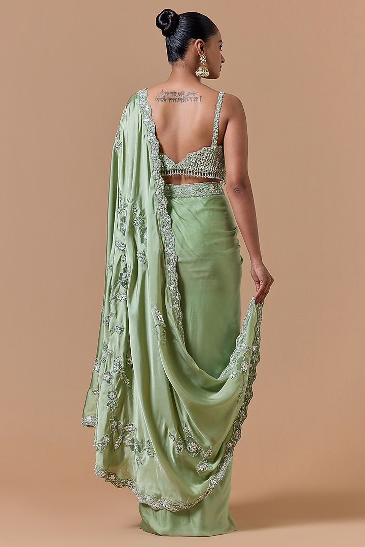 Jade Green Satin Pre-Draped Reception Saree Set by NITIKA GUJRAL at Pernia's Pop Up Shop