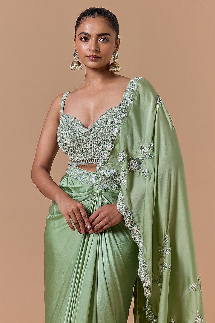 Jade Green Satin Pre-Draped Reception Saree Set by NITIKA GUJRAL at Pernia's Pop Up Shop