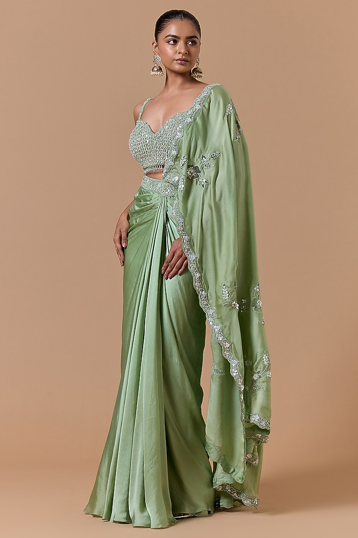 Jade Green Satin Pre-Draped Reception Saree Set by NITIKA GUJRAL at Pernia's Pop Up Shop