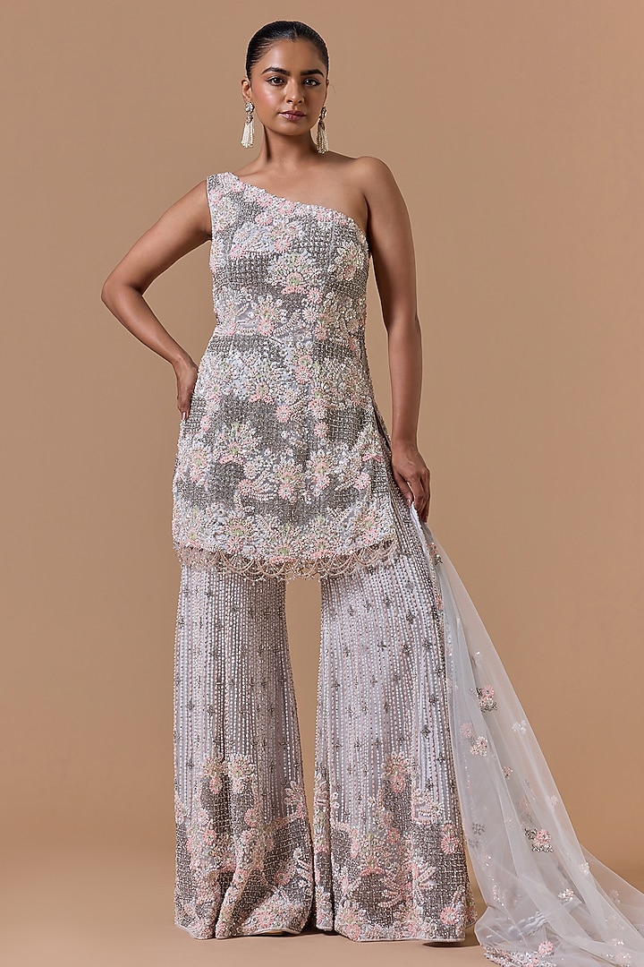 Grey Satin Sequins Embroidered Bridal Sharara Set by NITIKA GUJRAL at Pernia's Pop Up Shop