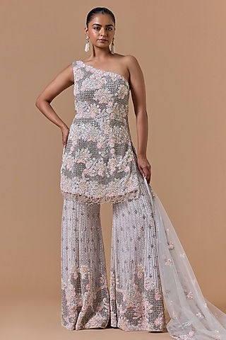 Grey Satin Sequins Embroidered Sharara Set by NITIKA GUJRAL