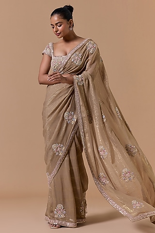 Beige Lurex Chiffon Crystal Embroidered Saree Set by NITIKA GUJRAL