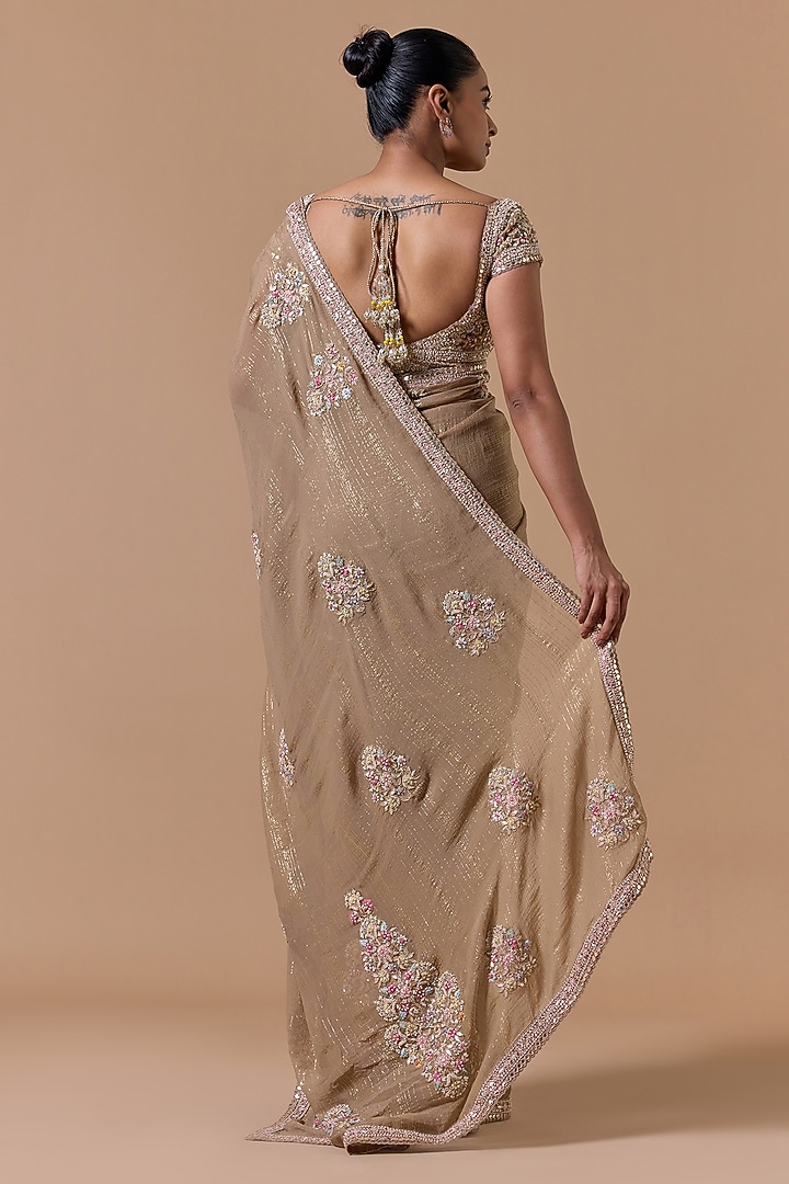 Beige Lurex Chiffon Crystal Embroidered Bridal Saree Set by NITIKA GUJRAL at Pernia's Pop Up Shop