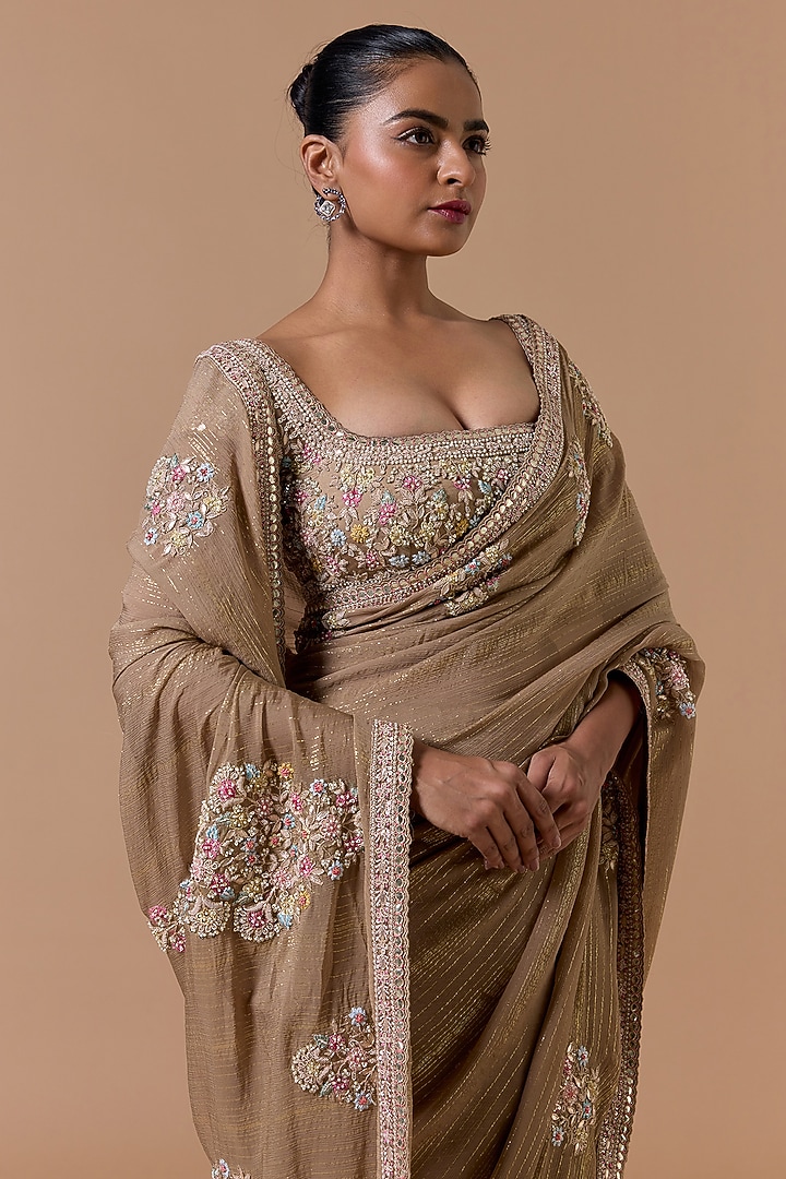 Beige Lurex Chiffon Crystal Embroidered Bridal Saree Set by NITIKA GUJRAL at Pernia's Pop Up Shop