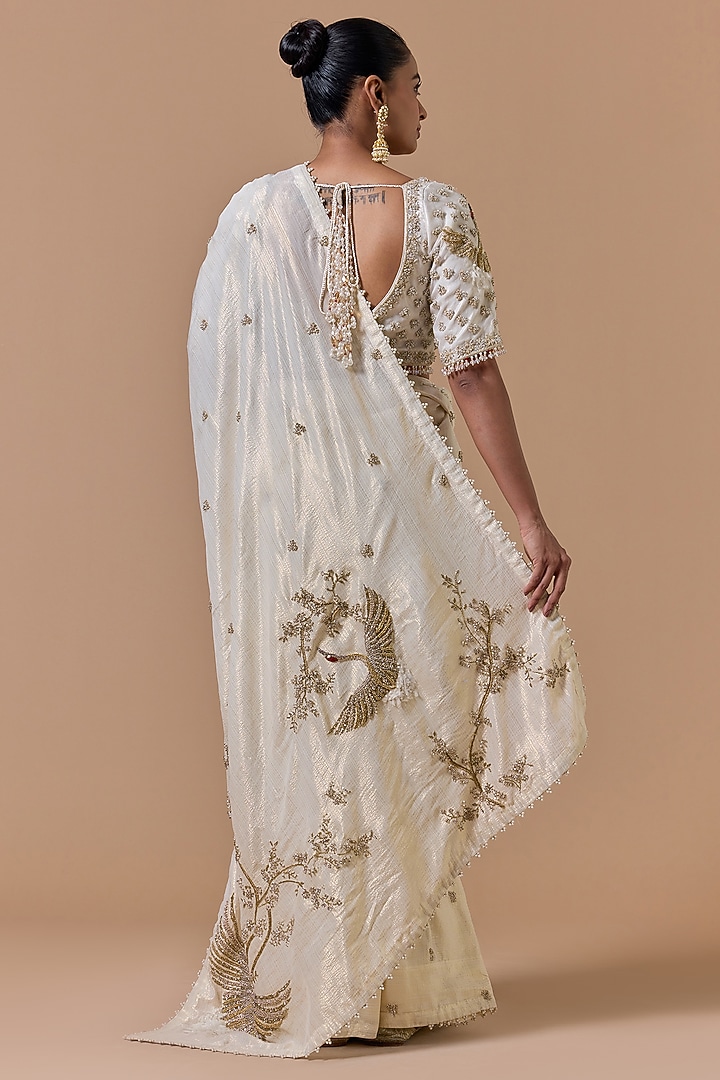 Cream & Gold Georgette Lurex Sequins Embroidered Reception Saree Set by NITIKA GUJRAL at Pernia's Pop Up Shop