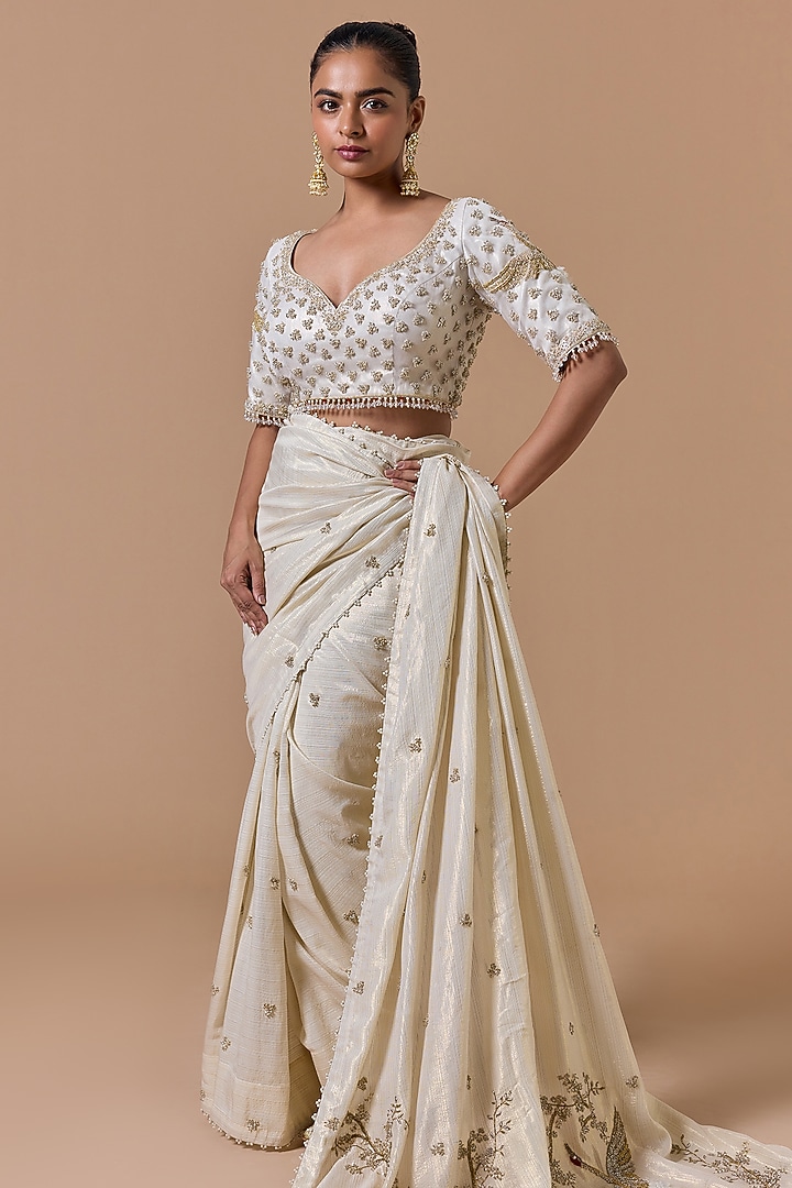 Cream & Gold Georgette Lurex Sequins Embroidered Reception Saree Set by NITIKA GUJRAL at Pernia's Pop Up Shop