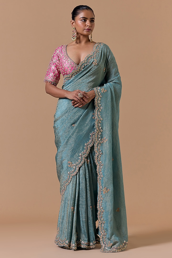 Aqua Blue Crushed Tissue Sequins Embroidered Reception Saree Set by NITIKA GUJRAL at Pernia's Pop Up Shop
