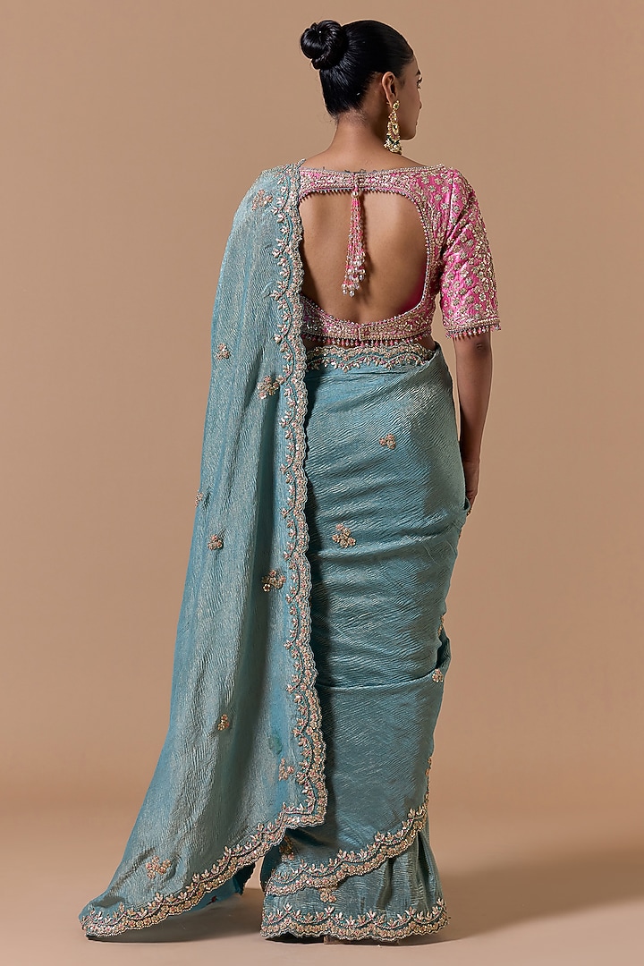 Aqua Blue Crushed Tissue Sequins Embroidered Reception Saree Set by NITIKA GUJRAL at Pernia's Pop Up Shop
