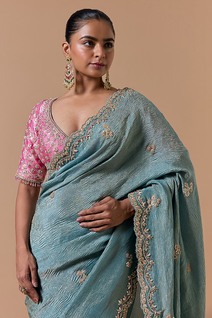 Aqua Blue Crushed Tissue Sequins Embroidered Reception Saree Set by NITIKA GUJRAL at Pernia's Pop Up Shop