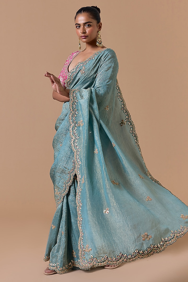 Aqua Blue Crushed Tissue Sequins Embroidered Reception Saree Set by NITIKA GUJRAL at Pernia's Pop Up Shop