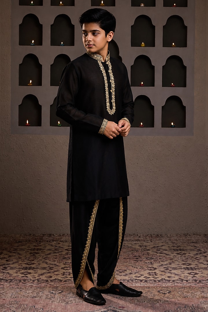Black Chanderi Resham Embroidered Kurta Set For Boys by Nitika Gujral Kids at Pernia's Pop Up Shop