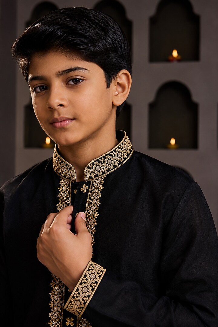 Black Chanderi Resham Embroidered Kurta Set For Boys by Nitika Gujral Kids at Pernia's Pop Up Shop