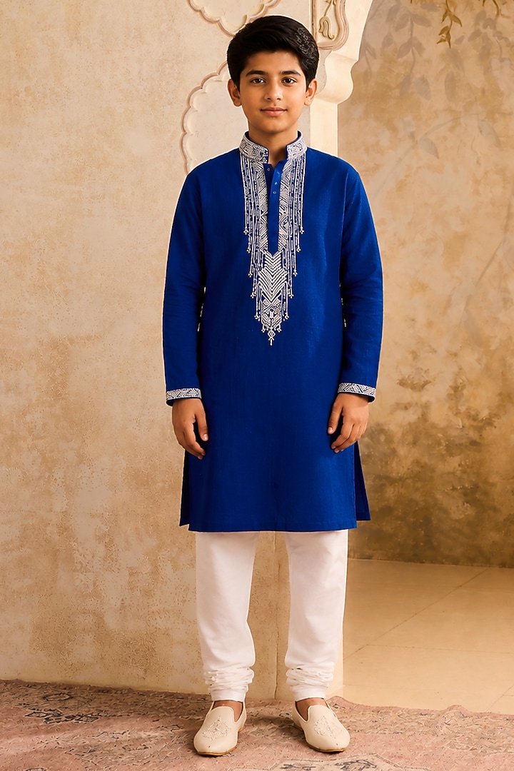 Blue Linen Resham Embroidered Kurta Set For Boys by Nitika Gujral Kids at Pernia's Pop Up Shop