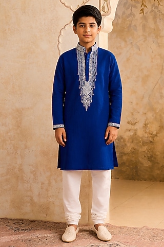 Blue Linen Resham Embroidered Kurta Set For Boys by Nitika Gujral Kids
