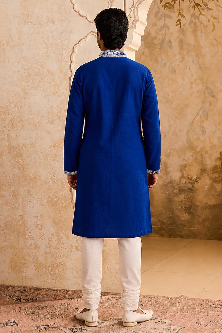 Blue Linen Resham Embroidered Kurta Set For Boys by Nitika Gujral Kids at Pernia's Pop Up Shop