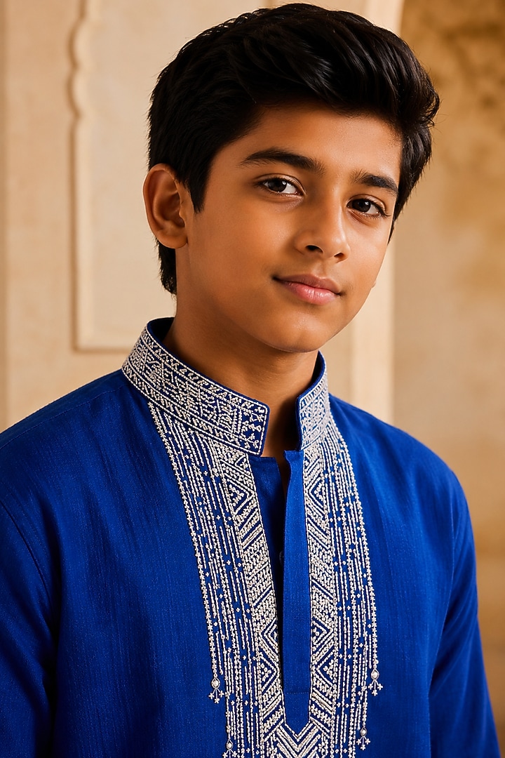 Blue Linen Resham Embroidered Kurta Set For Boys by Nitika Gujral Kids at Pernia's Pop Up Shop