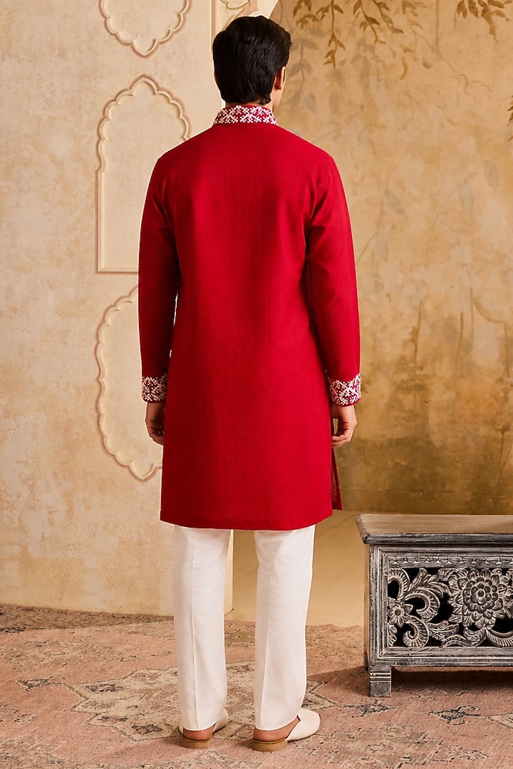 Red Linen Resham Embroidered Kurta Set For Boys by Nitika Gujral Kids at Pernia's Pop Up Shop