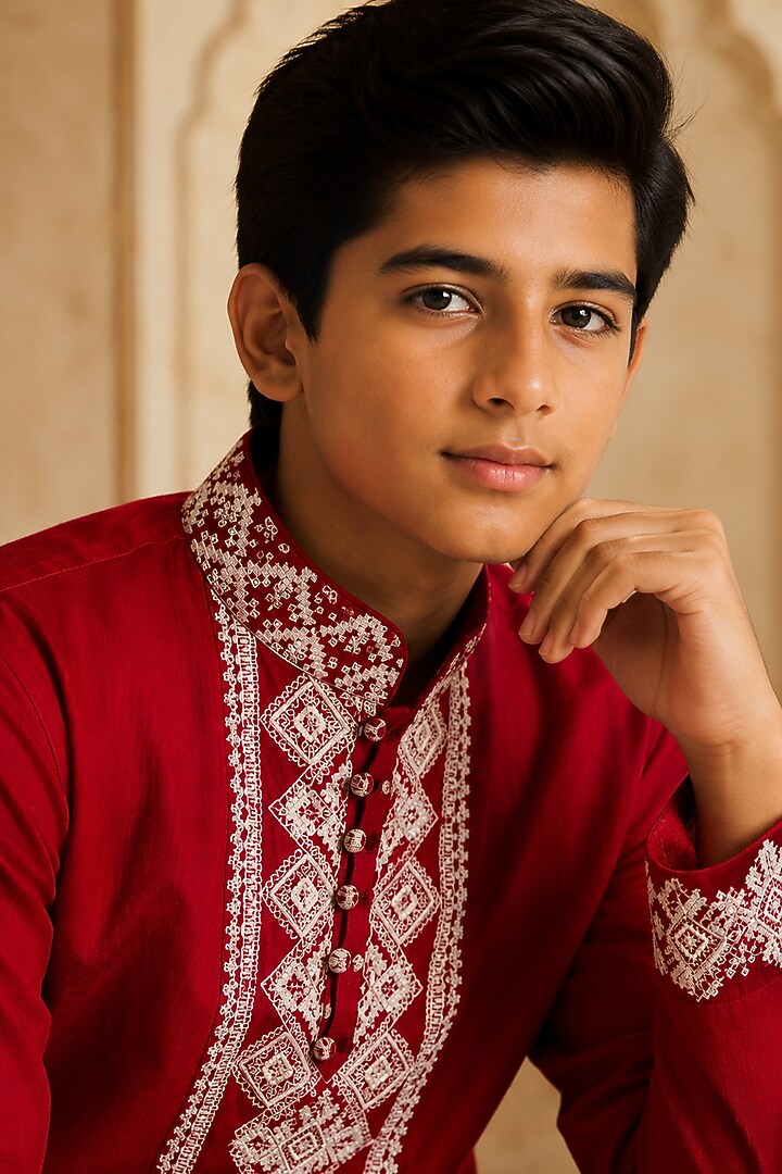 Red Linen Resham Embroidered Kurta Set For Boys by Nitika Gujral Kids at Pernia's Pop Up Shop