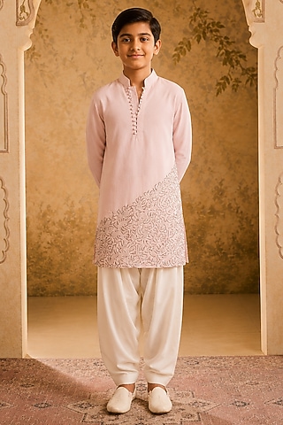 Pink Chanderi Applique Embroidered Kurta Set For Boys by Nitika Gujral Kids