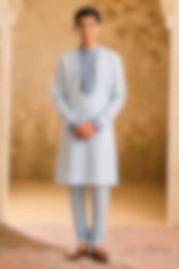 Light Blue Cotton Silk Cutdana Embroidered Kurta Set For Boys by Nitika Gujral Kids at Pernia's Pop Up Shop