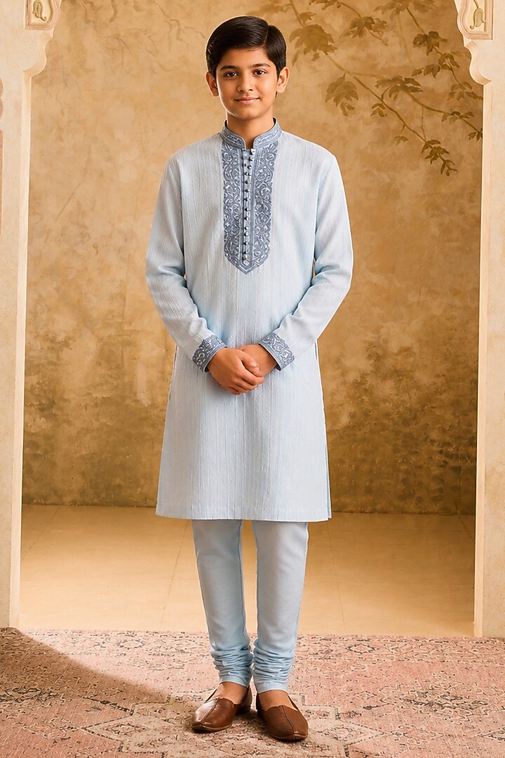 Light Blue Cotton Silk Cutdana Embroidered Kurta Set For Boys by Nitika Gujral Kids at Pernia's Pop Up Shop