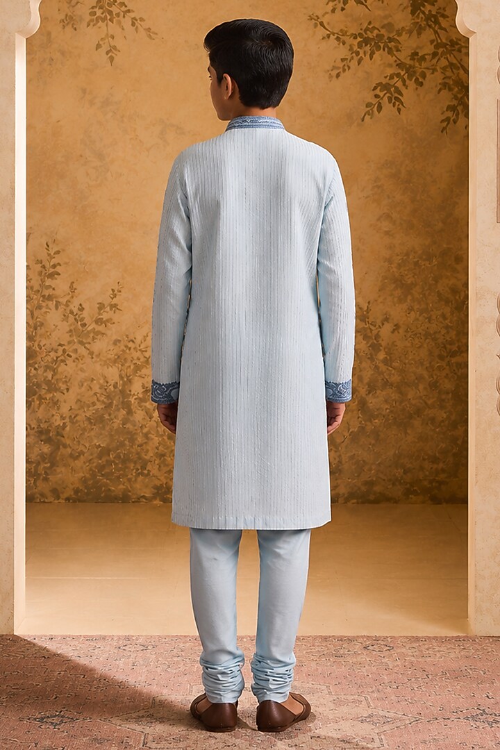 Light Blue Cotton Silk Cutdana Embroidered Kurta Set For Boys by Nitika Gujral Kids at Pernia's Pop Up Shop