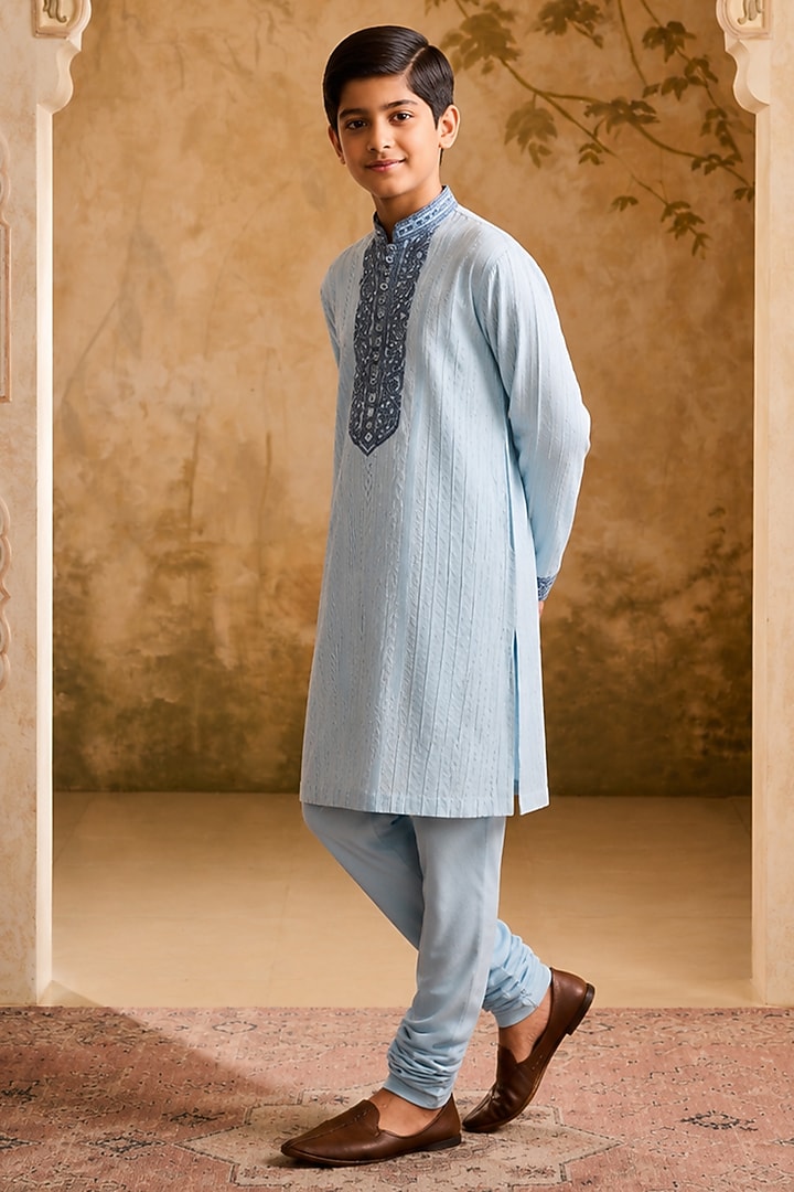Light Blue Cotton Silk Cutdana Embroidered Kurta Set For Boys by Nitika Gujral Kids at Pernia's Pop Up Shop
