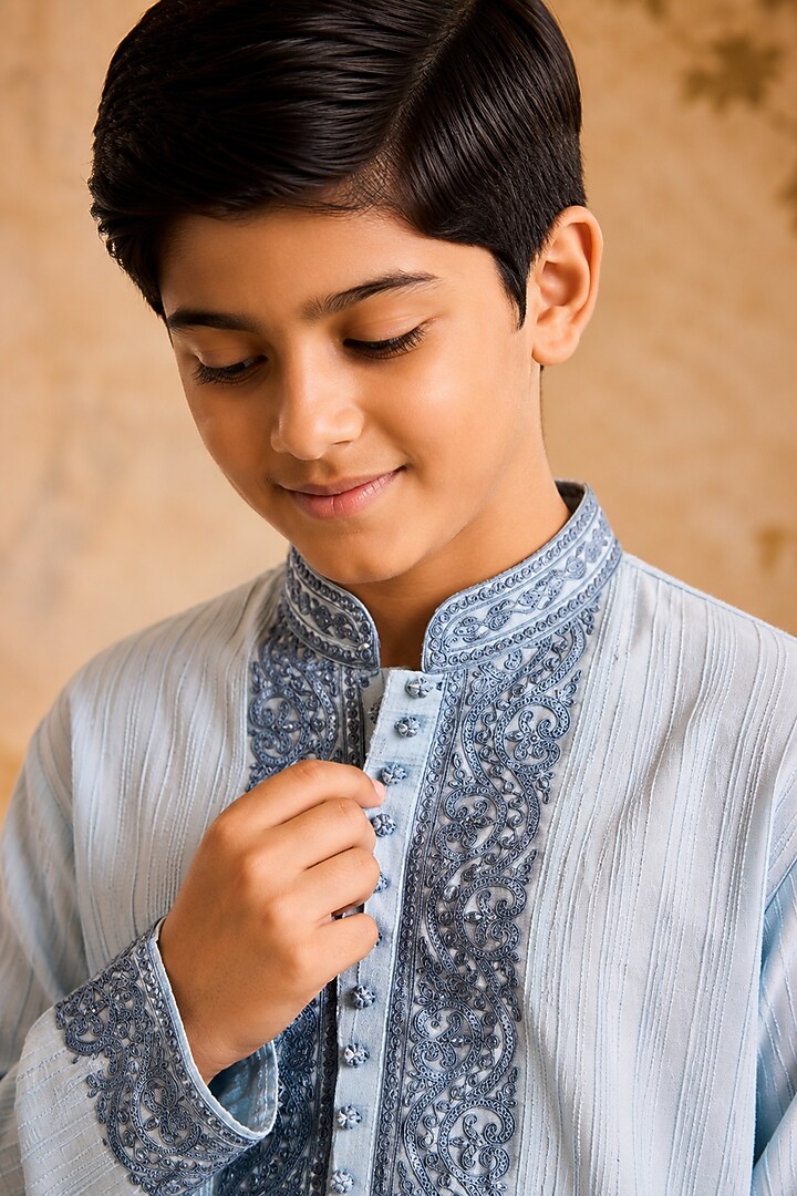 Light Blue Cotton Silk Cutdana Embroidered Kurta Set For Boys by Nitika Gujral Kids at Pernia's Pop Up Shop