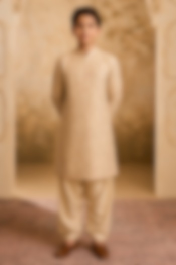 Beige Cotton Silk Mirror Embroidered Kurta Set For Boys by Nitika Gujral Kids at Pernia's Pop Up Shop