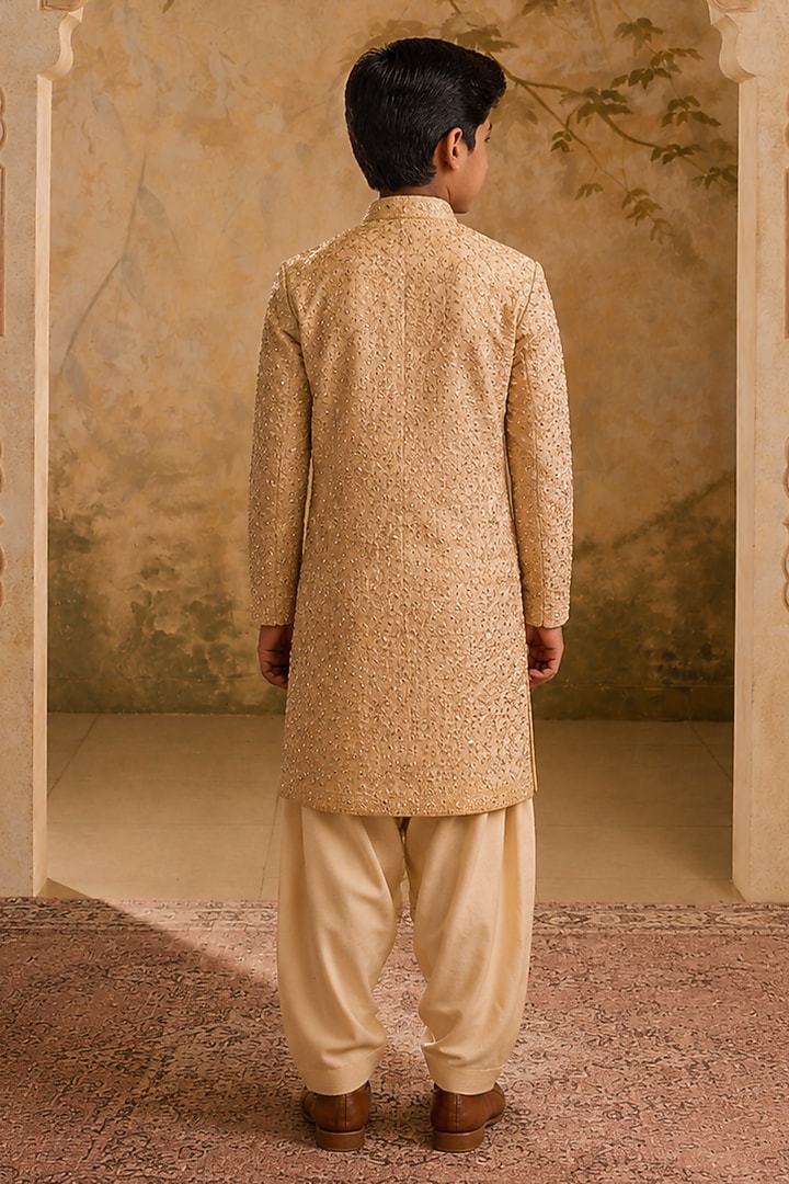 Beige Cotton Silk Mirror Embroidered Kurta Set For Boys by Nitika Gujral Kids at Pernia's Pop Up Shop