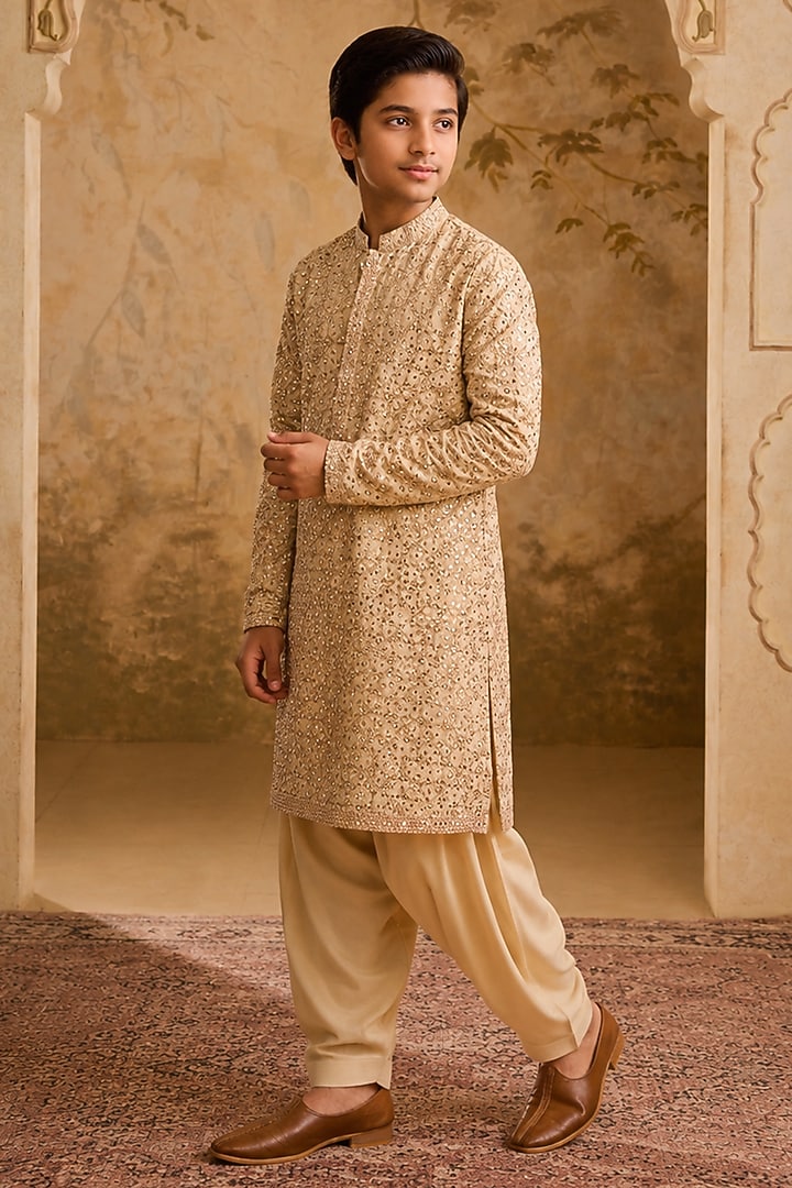 Beige Cotton Silk Mirror Embroidered Kurta Set For Boys by Nitika Gujral Kids at Pernia's Pop Up Shop