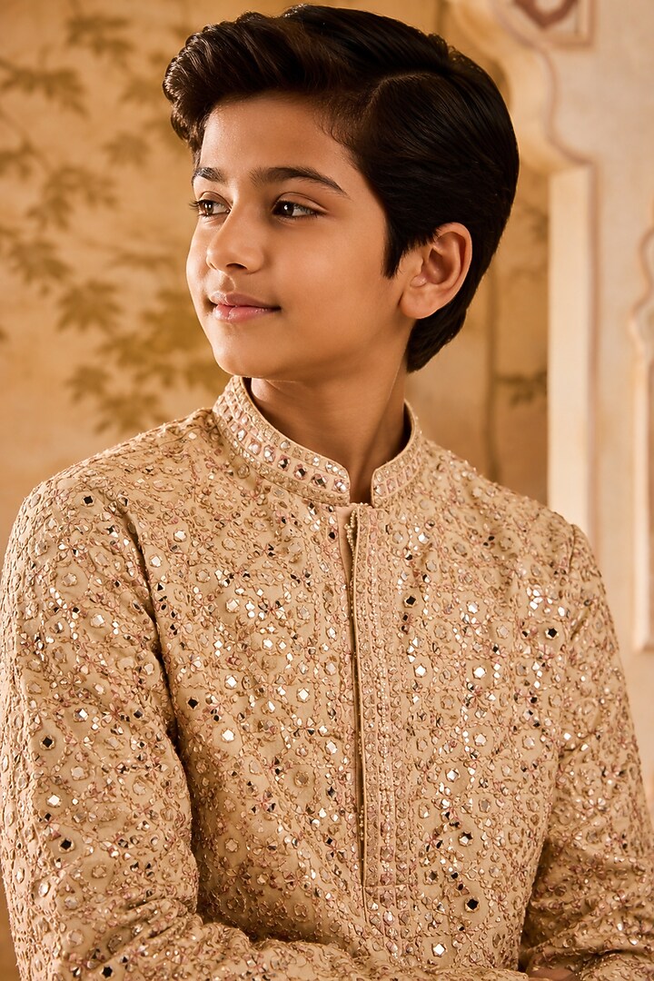 Beige Cotton Silk Mirror Embroidered Kurta Set For Boys by Nitika Gujral Kids at Pernia's Pop Up Shop