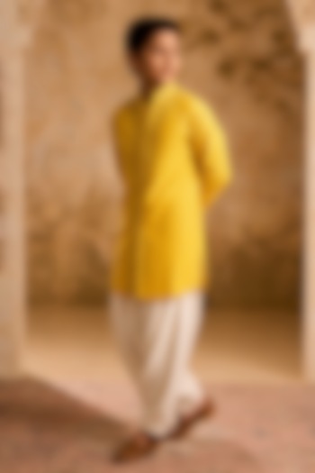 Mustard Cotton Silk Cutdana Embroidered Kurta Set For Boys by Nitika Gujral Kids at Pernia's Pop Up Shop