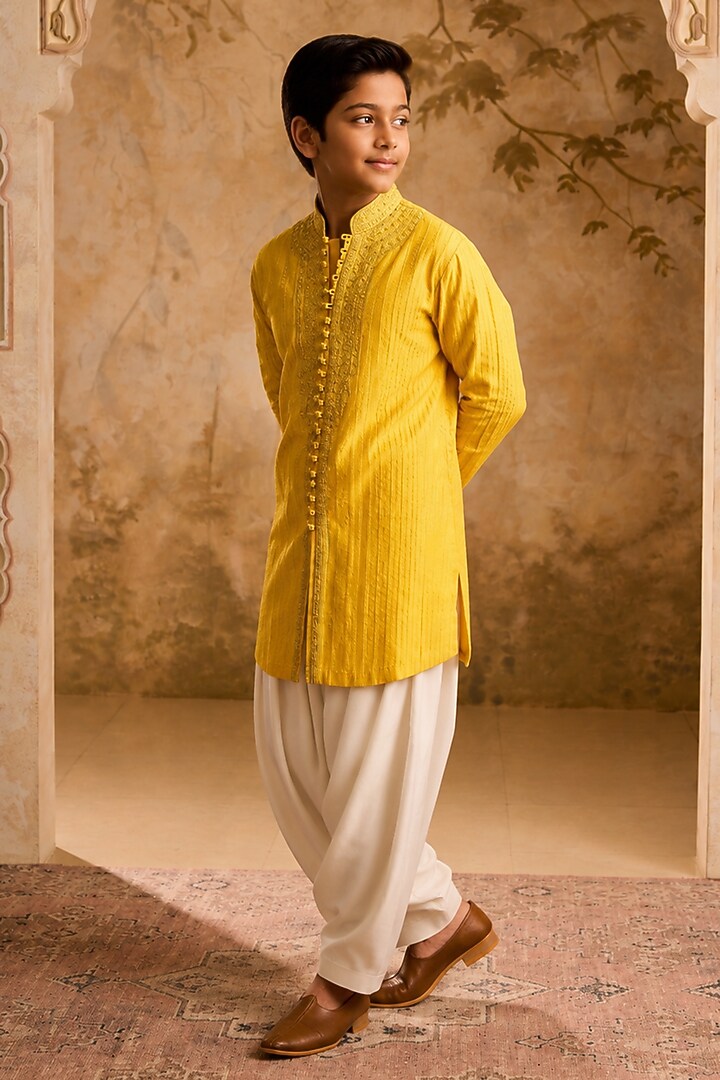 Mustard Cotton Silk Cutdana Embroidered Kurta Set For Boys by Nitika Gujral Kids at Pernia's Pop Up Shop