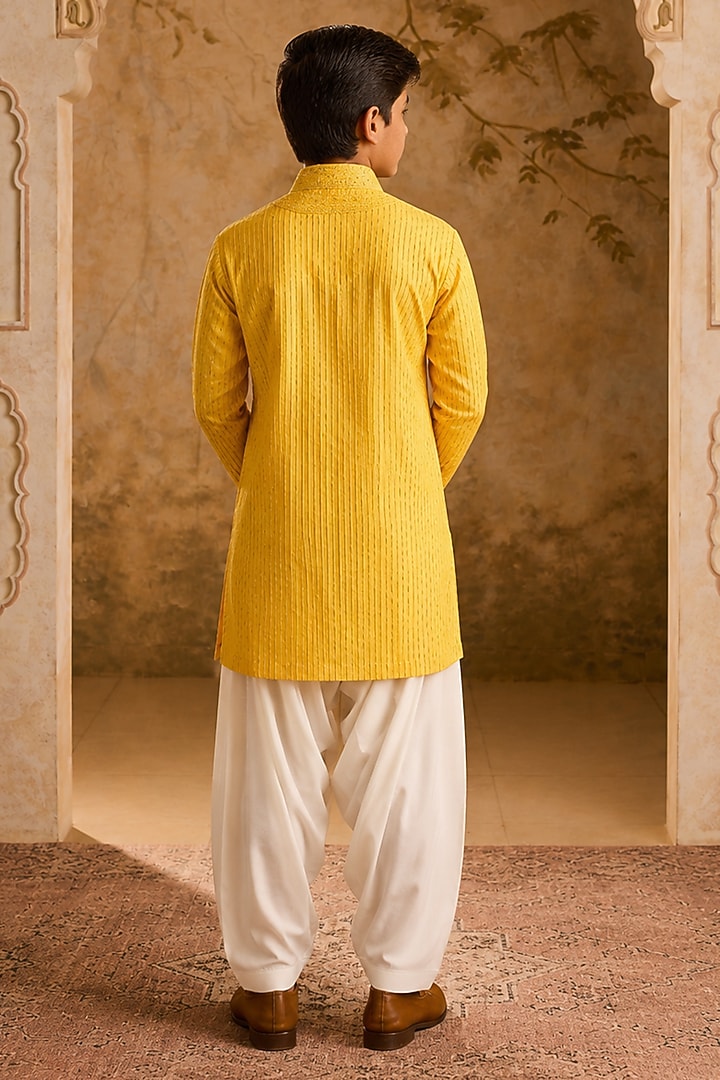 Mustard Cotton Silk Cutdana Embroidered Kurta Set For Boys by Nitika Gujral Kids at Pernia's Pop Up Shop