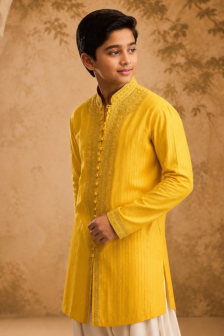 Mustard Cotton Silk Cutdana Embroidered Kurta Set For Boys by Nitika Gujral Kids at Pernia's Pop Up Shop
