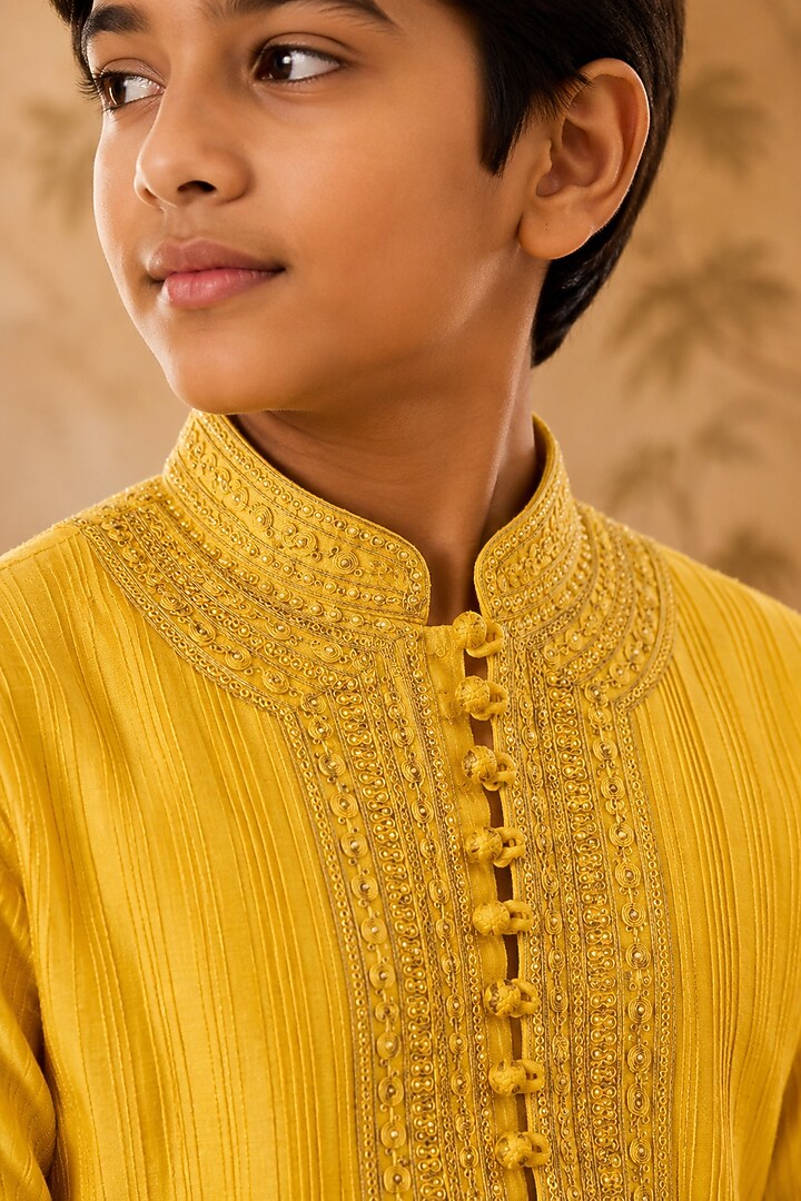 Mustard Cotton Silk Cutdana Embroidered Kurta Set For Boys by Nitika Gujral Kids at Pernia's Pop Up Shop